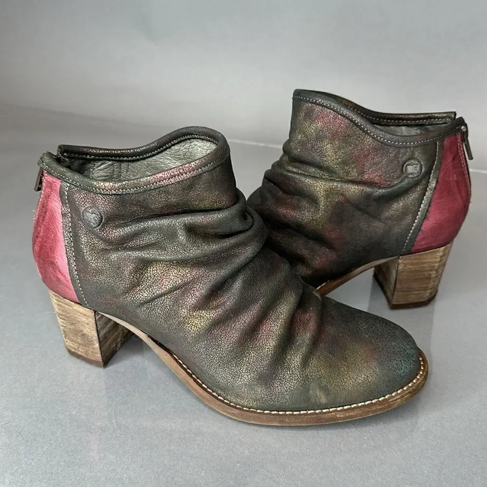 DKODE Ankle Boots Leather Metallic Distressed Pink Heel Size 37 US 6.5 (A-1503)